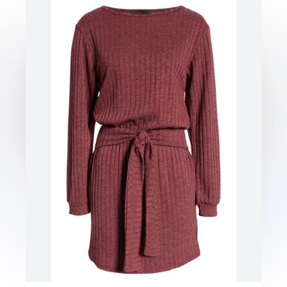 Fraiche By J Tie Front Long Sleeve Mini Sweater Dress In H.burgundy Size Large - Picture 2 of 11